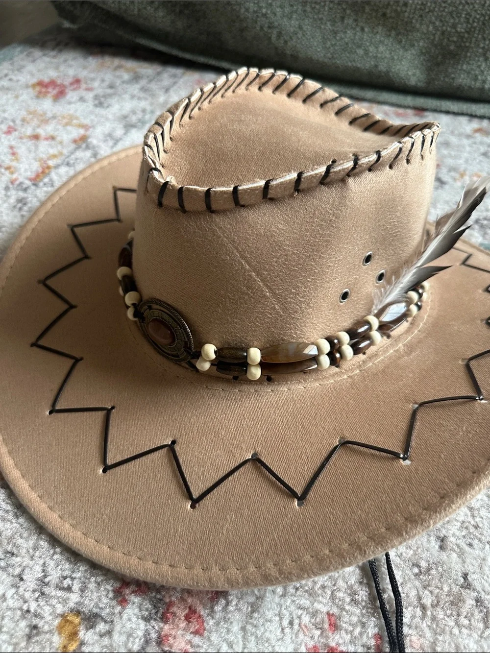 Tan Cowboy Hat with Bead & Feather Band